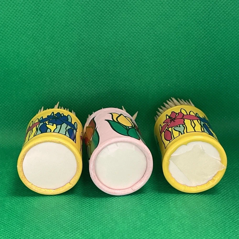 Vtg Toothpick Holder‎ Lot Of 3 Floral Paper Set Mod Boho